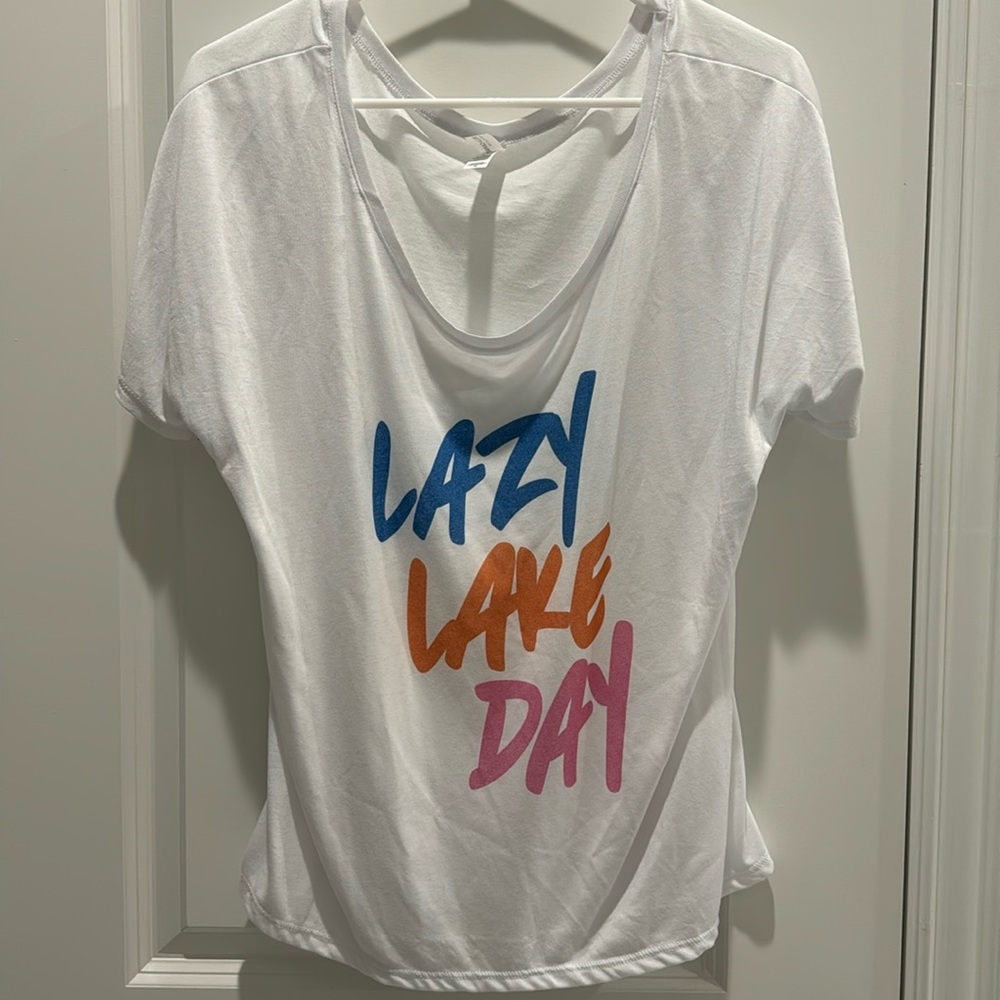Off the shoulder printed Lazy Lake Day tee